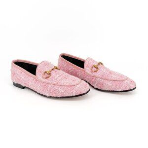Gucci Jordaan Light Pink Tweed Horsebit Loafers Size 37 US 7 Women's Flats
